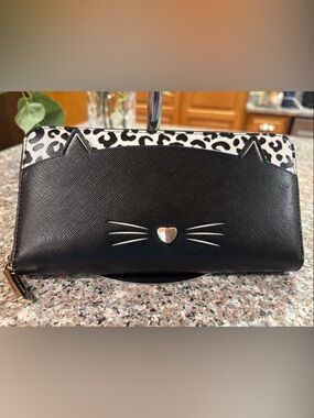 kate spade Black Cat Zip Wallet with Leopard Trim